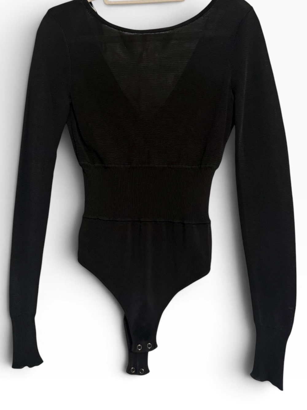 Diane Von Furstenberg Black Knit Deep V Back Long Sleeve Bodysuit